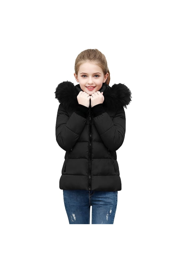Kids Furry Collar Hooded Puffer Jacket Boys Girls Zip-Up Thickened Casual Warm Outerwear with Zipper Pockets for Holiday Outings(5-14Y)