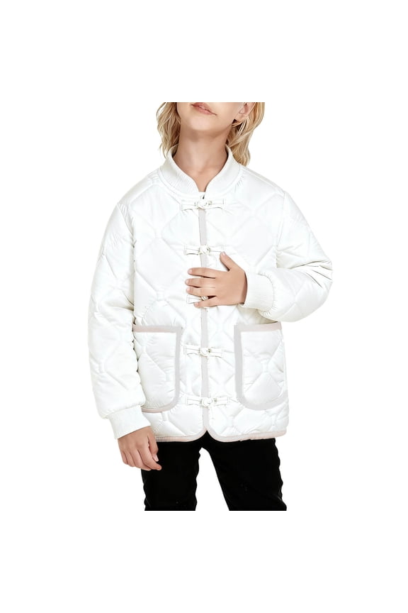 Kids Girls Boys Winter Puffer Jacket Frog-Button Diamond-Quilted Coat Warm Long Sleeve Baseball-Style Outerwear for Daily Wear(3-15Y)