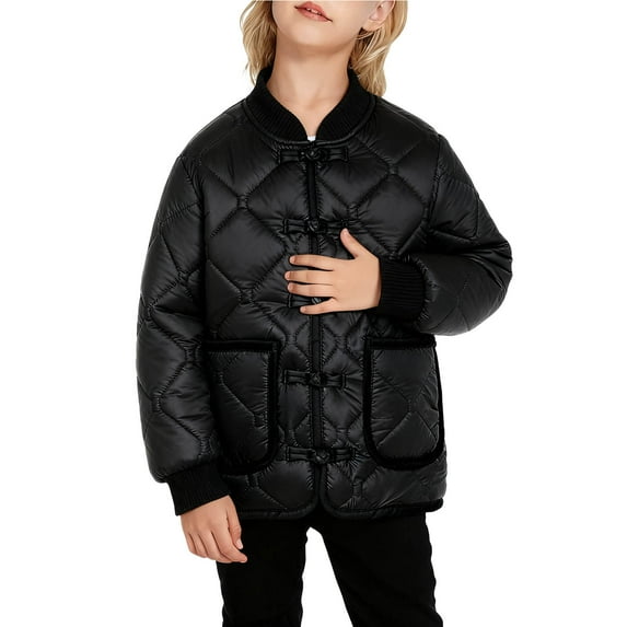BFHHYA Kids Girls Boys Winter Puffer Jacket Frog-Button Diamond-Quilted Coat Warm Long Sleeve Baseball-Style Outerwear for Daily Wear(3-15Y)