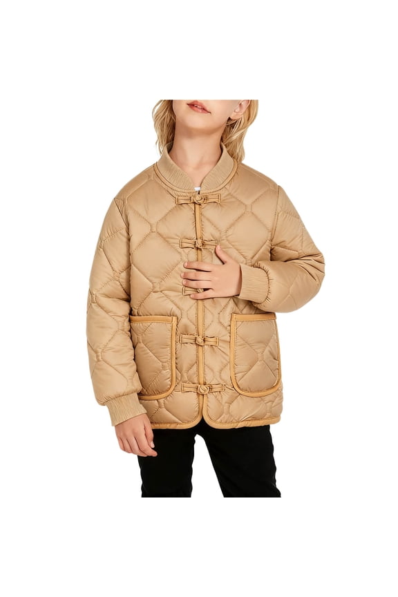 Kids Girls Boys Winter Puffer Jacket Frog-Button Diamond-Quilted Coat Warm Long Sleeve Baseball-Style Outerwear for Daily Wear(3-15Y)