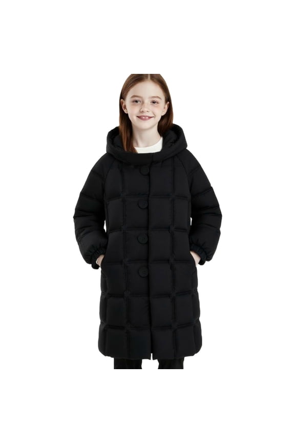 Kids Hooded Puffer Jacket Boys Girls Teen Button-Up Thickened Long Winter Coat Casual Warm Outerwear for Outdoor Play & Family Trips (2-14Y)