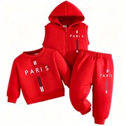 BFHHYA Kids Letter Print 3Pcs Outfits Crew Neck Sweatshirts + Zip Up Hooded Vest + Elastic Waist Jogger Pants Set Fall Warm Casual Outfit for Boys Girls