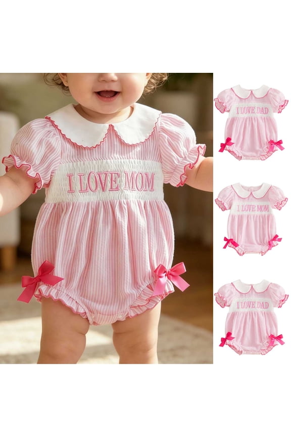 Kids Peter Pan Collar Rompers Little Boys Girls Striped Puff Short Sleeve Playsuits One Piece Outfits Bodysuits 0-18 M