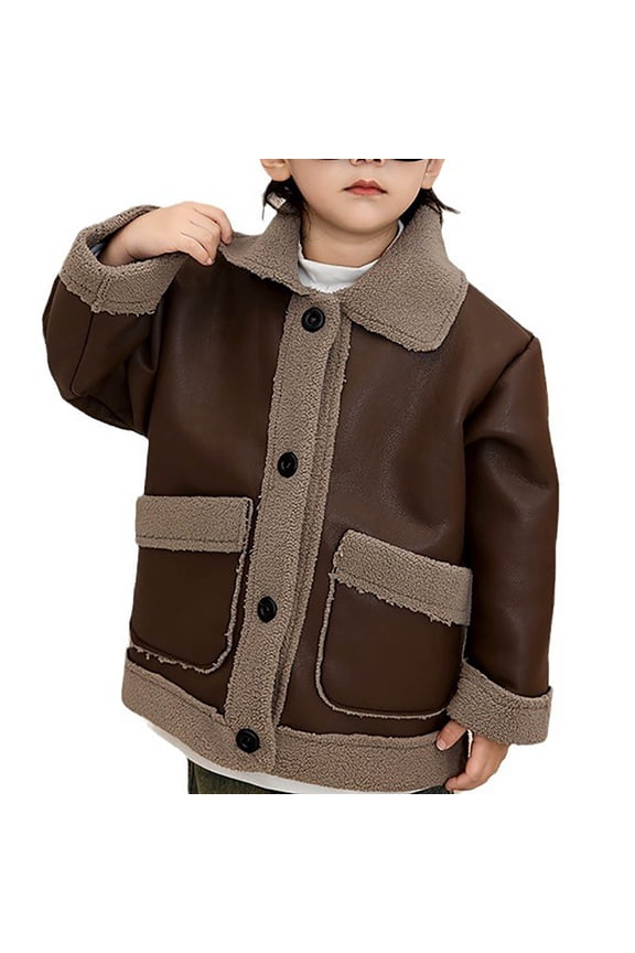 Kids Sherpa-Lined Faux Suede Jacket Boys Girls Button-up Warm Shearling Jacket Fashion Trucker Coat Outwear for Family Outings 4-11Y
