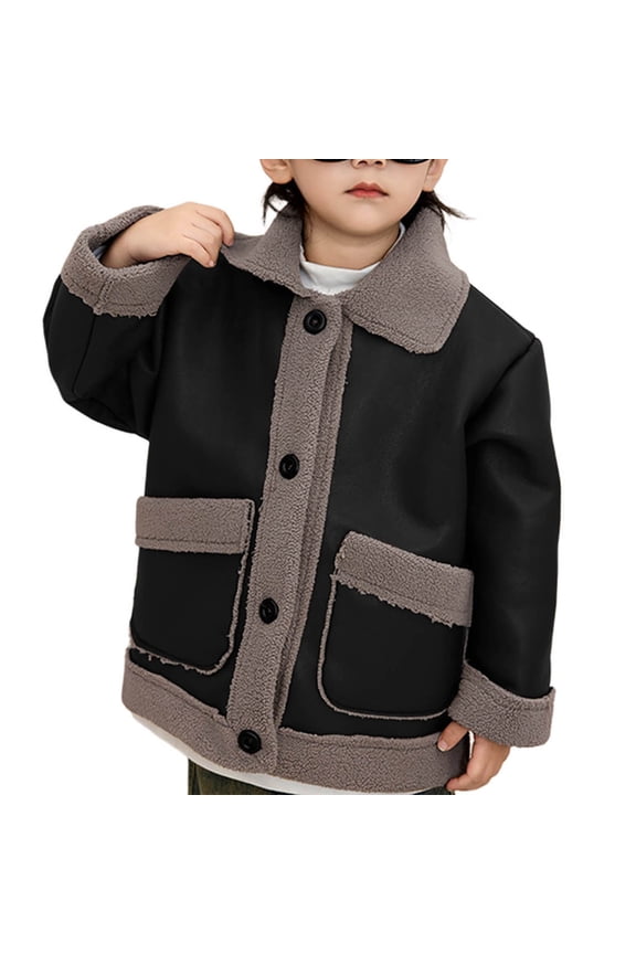 Kids Sherpa-Lined Faux Suede Jacket Boys Girls Button-up Warm Shearling Jacket Fashion Trucker Coat Outwear for Family Outings 4-11Y