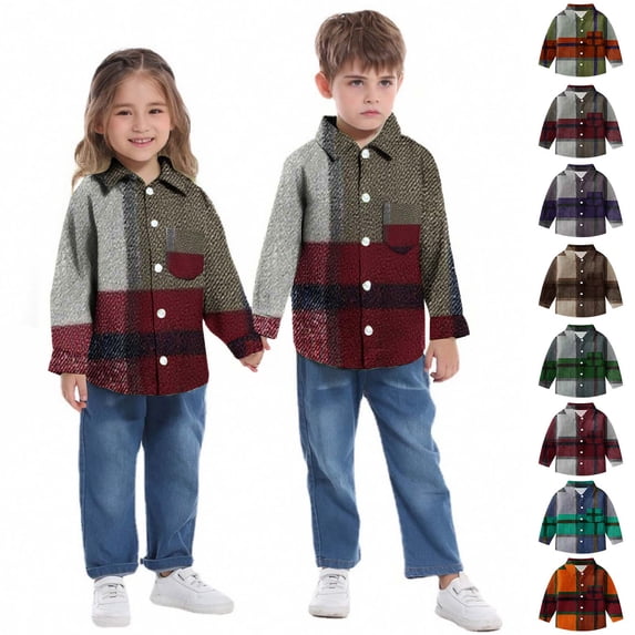 BFHHYA Kids Toddler Classic Plaid Shirt Girls Boys Button-Down Long-Sleeve Casual Top with Pockets, for Spring Daily Outings & Family Gatherings (6M-8Y)
