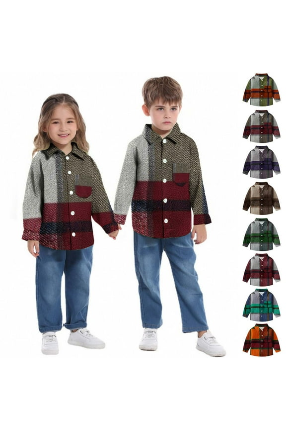 Kids Toddler Classic Plaid Shirt Girls Boys Button-Down Long-Sleeve Casual Top with Pockets, for Spring Daily Outings & Family Gatherings (6M-8Y)