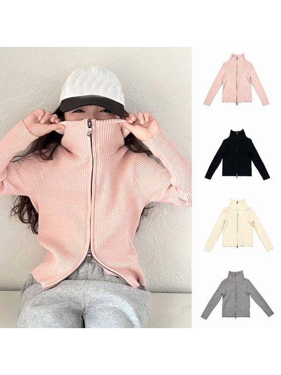 Kids' Turtleneck Sweater Cardigan for Boys & Girls Double-Zip Warm Knit Jacket Long Sleeve Layered Sweater for Layered Wearing