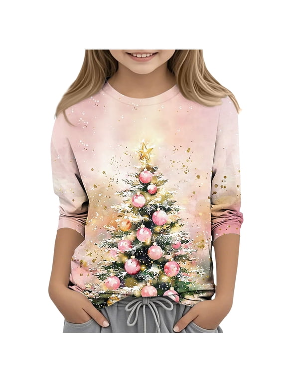 Kids' Unisex Christmas T-Shirt Boys Girls Light-Up Christmas Tree Graphic Tee 3/4-Sleeve Crew Neck Top for Christmas Eve Events(3-12Y)
