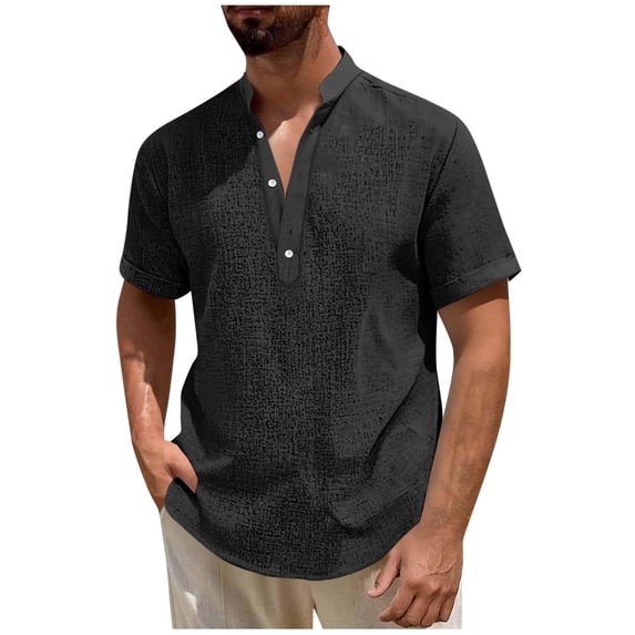 BFHHYA Mens Casual Henley Shirt Button Down Short Sleeve Shirts Band Collar Summer Beach Wear Tops