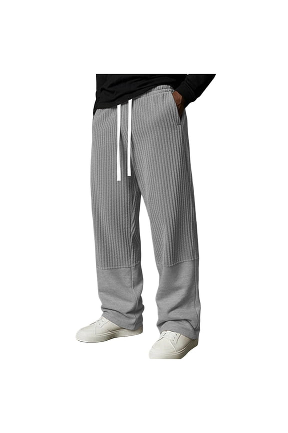 Mens Patchwork Sweatpants Ribbed Knit High Waist Straight Leg Pants Breathable Gym Trousers with Pockets