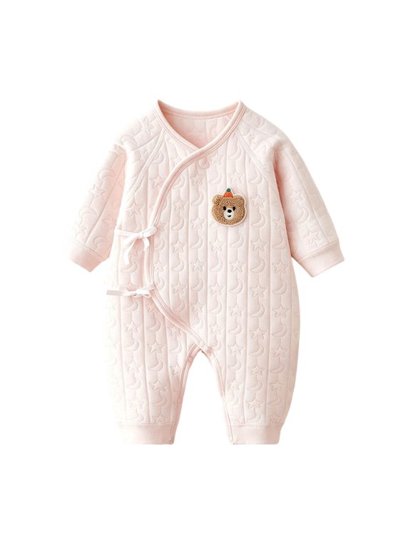 Newborn Baby Cotton Romper Warp Tie Long Sleeve Bodysuit with Bear Patched Fall Winter Warm Jumpsuit for Infant 0-6 Months