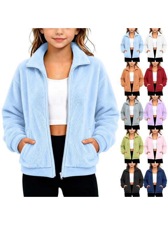 Teen Girls Fuzzy Fleece Sweatshirt Fall Winter Flannel Zip up Sweatshirt with Pockets Plush Fluffy Open Dront Coat Preppy Clothes for School 4-15 Years