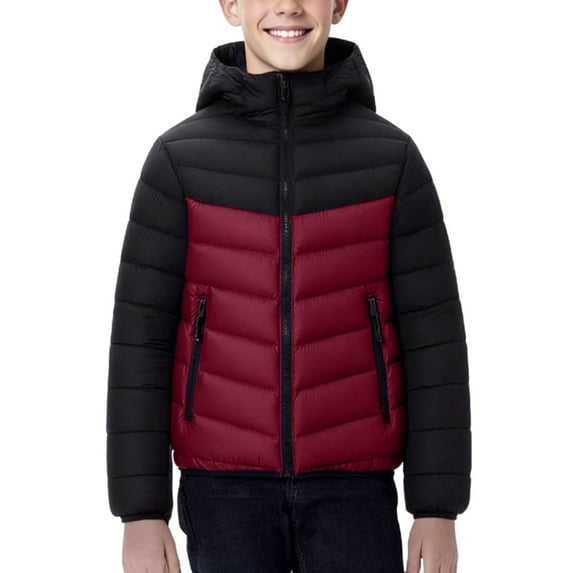 BFHHYA Teens & Kids Lightweight Puffer Winter Jacket Boys Girls Colorblock Zip-Up Hooded Coat Warm Outerwear with Zipper Pockets,for Holiday Trips(8-17Y)