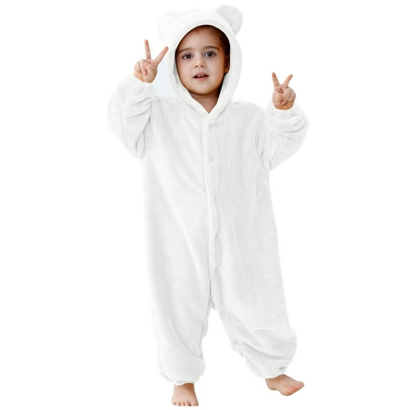 BFHHYA Toddler Baby Winter Hooded Romper Jumpsuit Boys Girls Kids Button-Down Flannel Romper Cartoon Onesie Sleepsuit for Night Sleep(3M-2Y)