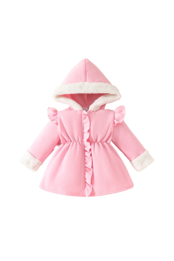 Toddler Girls Christmas Fleece-Lined Coat - Hooded Zip-Up Flutter Sleeves Jacket Ruffles Fall/Winter Outerwear for Holiday Photo Shoots (6M-3Y)