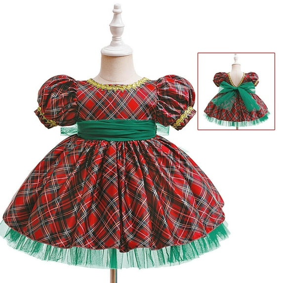 BFHHYA Toddler Girls Christmas Princess Dress Embroidered Puff Sleeve Tulle Tutu Skirt Wedding Flower Girl Dress for Weddings & Holiday (6M-3Y)
