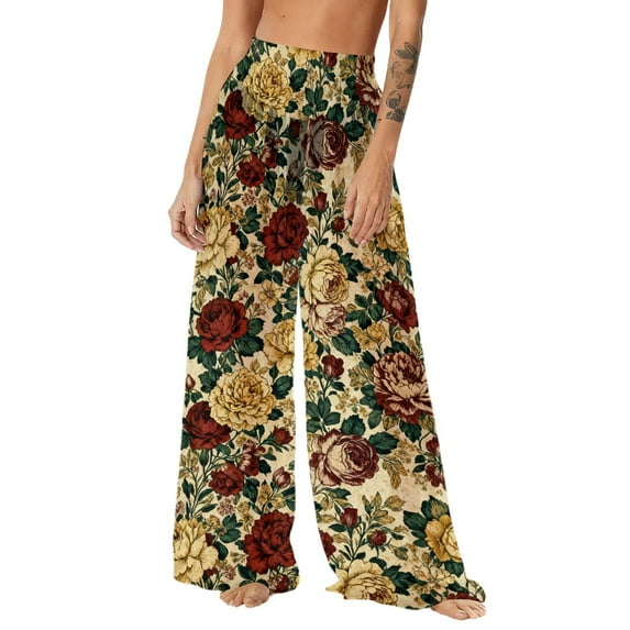 BFHHYA Women Chiffon Boho Pants UPF 50+ Sun Protection Fashion Print Wide Leg Pants Lightweight Summer Beach Pant