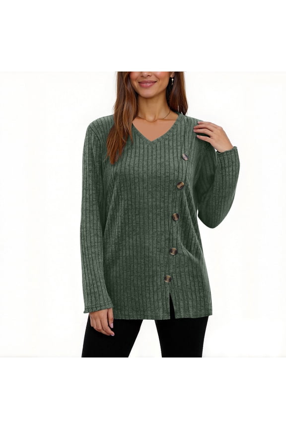 Women Ribbed Knit Sweaters Crew Neck Long Sleeve Tunic Tops Fall Fashion Side Button Knit Blouses Loose Fit Causal Pullover Tops