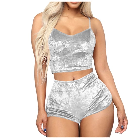 BFHHYA Women Velvet Pajama Set 2 Piece Sleeveless Camisole Tops Elastic Waist Shorts Set Lightweight Comfy Lounge Sleepwear
