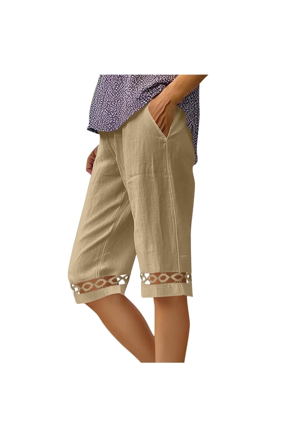 Women's Bermuda Capri Pants Cotton Linen Lace Trim Capris Elastic Waist Casual Straight Leg Pants with Pockets