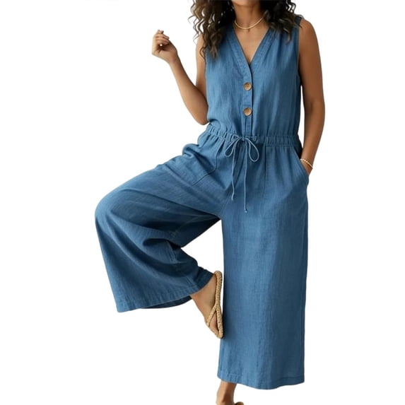 BFHHYA Women's Solid Cotton Linen Romper Button Up V-Neck Sleevelsss Jumpsuits Casual Wide Leg Rompers with Pockets