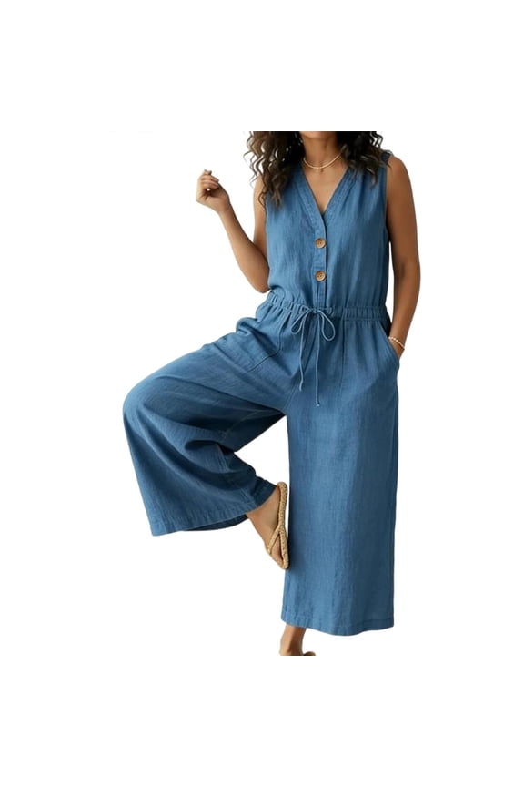 Women's Solid Cotton Linen Romper Button Up V-Neck Sleevelsss Jumpsuits Casual Wide Leg Rompers with Pockets
