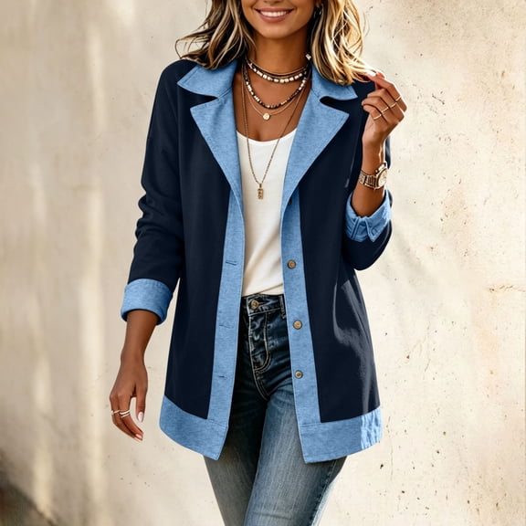 BFHHYA Womens Color Block Jackets Classic Long Sleeve Button Down Blazer Jacket Loose Fit Casual Collared Cardigan Coat Fall Fashion Outwear