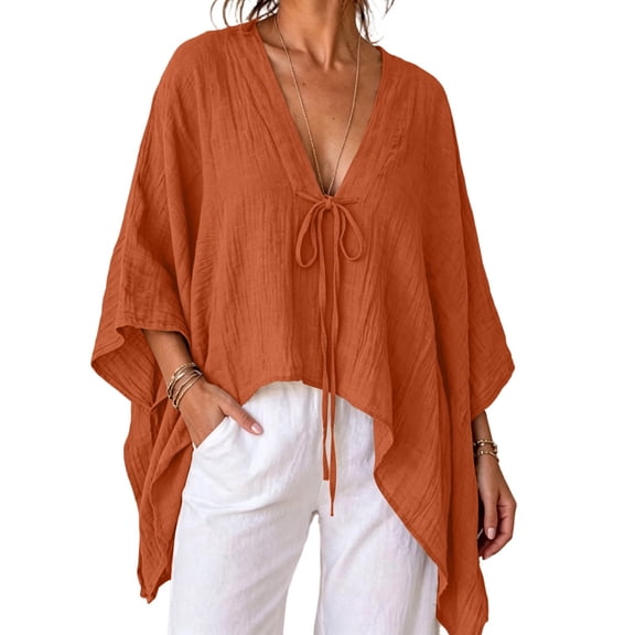 BFHHYA Womens Deep V Neck Blouses 3/4 Batwing Sleeve Shirts Lightweight Trendy Summer Tops Loose Fit Cotton Clothes Daily Work