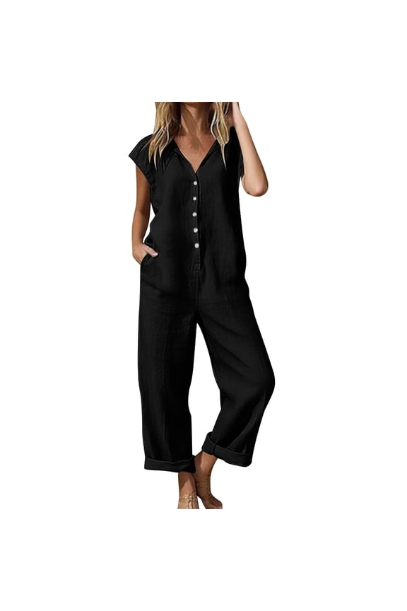 Womens Jumpsuits Casual Button Down Sleeveless Rompers Summer Cotton Linen Boho Overalls with Pockets