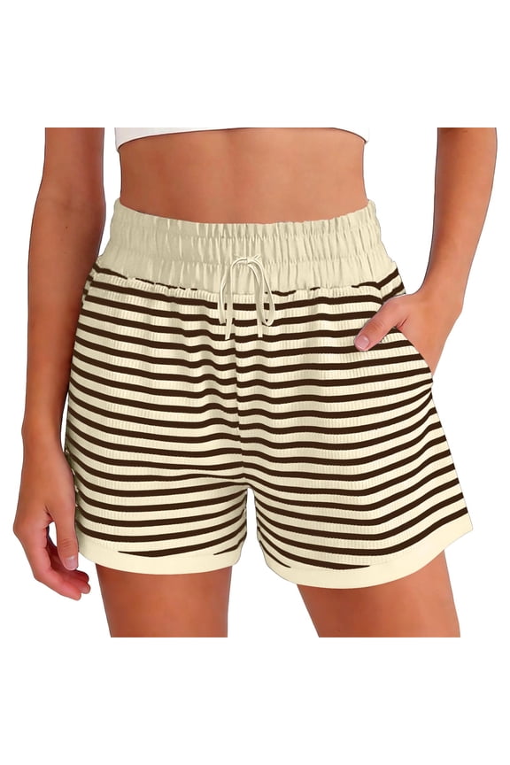 Womens Ribbed Knit Shorts Elastic Waist Striped Shorts Summer Loungwear Shorts with Drawstring & Pockets