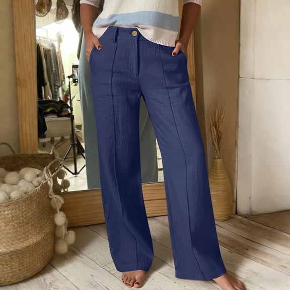BFHHYA Womens Twill Chino Pant Cotton Linen Wide Leg Pants High Waisted Casual Summer Business Dress Pants with Pockets
