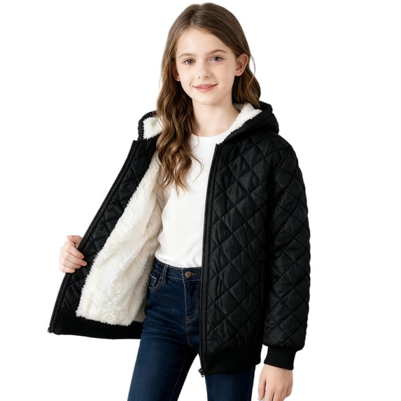 BFHHYA Zip Up Jacket for Girls Texture Long Sleeve Casual Hooded Coat Fleece Lined Winter Warm Outerwear Jacket 3-12 Years
