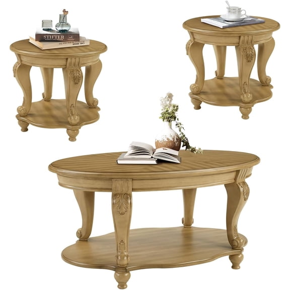 BFJDM 3-Piece Coffee Table Set, Coffee Table and Round End Tables Set of 2, Victorian Living Room Coffee Table Sets, Antique Natural