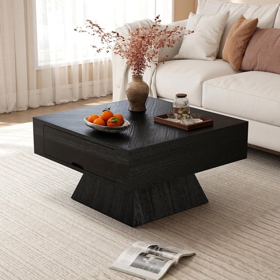 BFJDM 31.5" Square Coffee Table with Hidden Storage Drawer, Solid Wood Veneer Modern Center Table for Living Room, Black