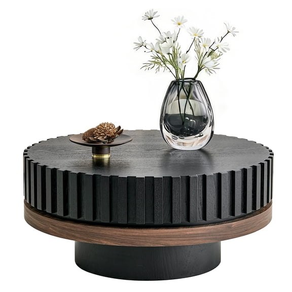 BFJDM 31.5" Round Fluted Coffee Table, 2-Tier Drum Wood Veneer Cocktail Table with Walnut Accent & Lacquer-Free Shelf for Living Room Apartment