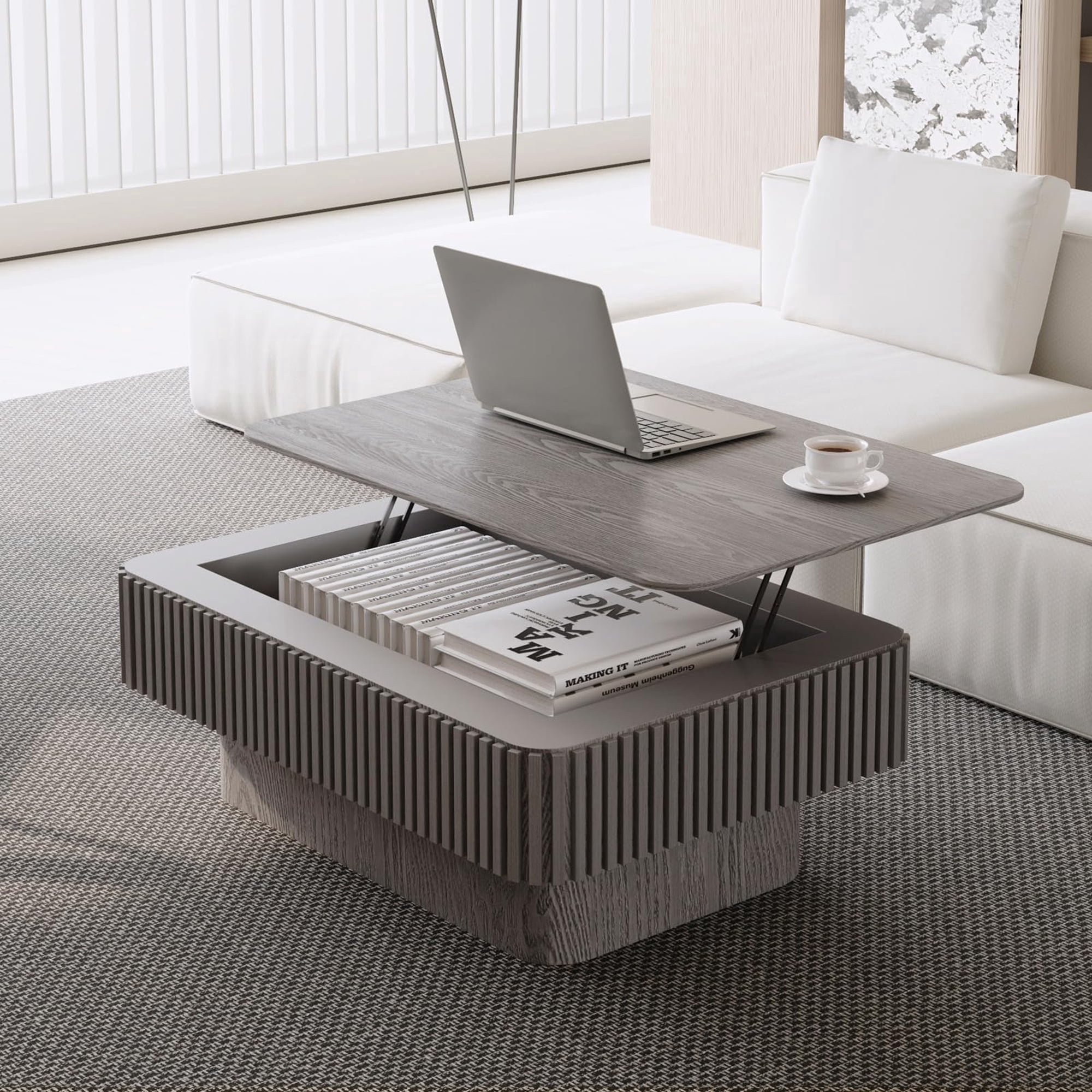 BFJDM 38.6" Gray Lift Top Coffee Table, Fluted Hidden Storage Modern Coffee Table for Living Room