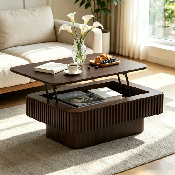 BFJDM 38.6" Lift Top Coffee Table with Hidden Storage, Handmade Solid Wood Fluted Panel, Walnut Rectangle Center Table for Living Room, Small Space Apartment Office Furniture