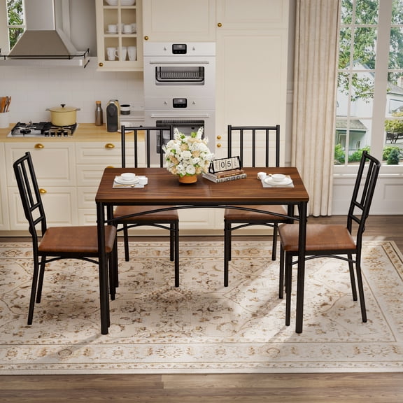 BFJDM 5-Piece Dining Set for 4, Counter Height Table & 4 Upholstered Stools Industrial Walnut
