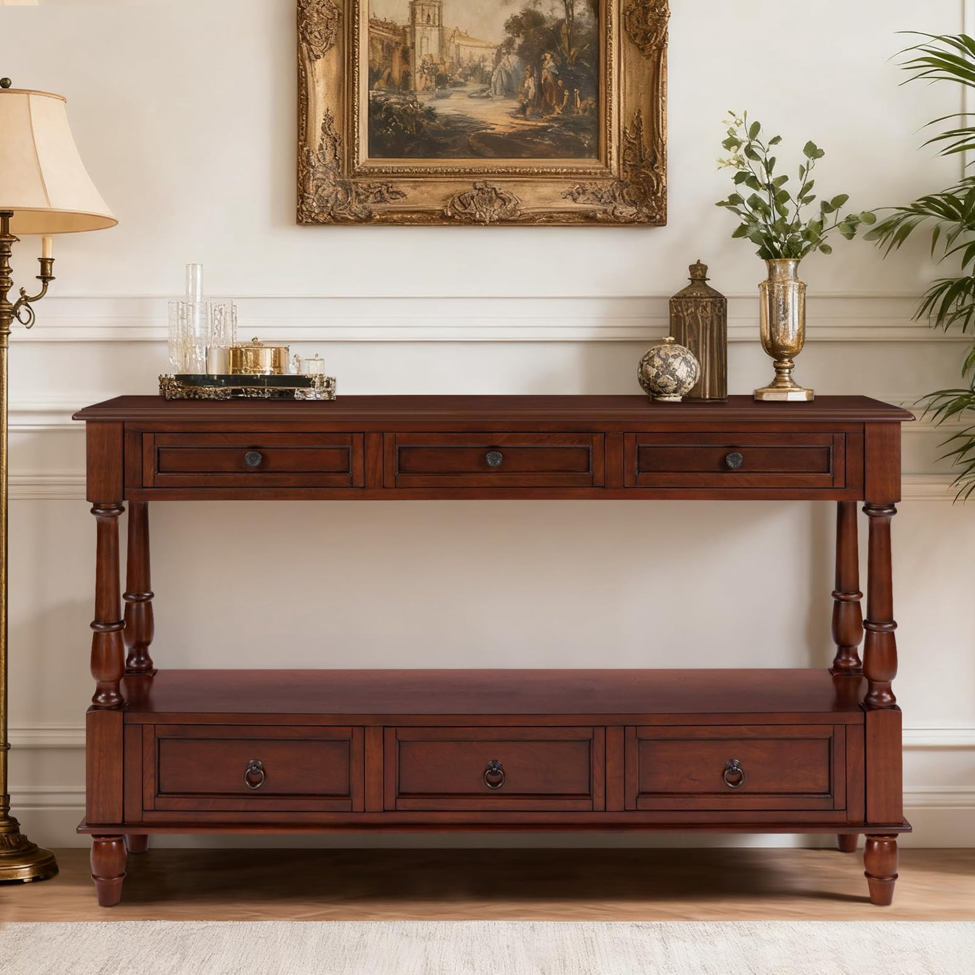 BFJDM Farmhouse Solid Wood Console Table with 6 Drawers and Shelf, Narrow Long, Stain Resistant, Cherry