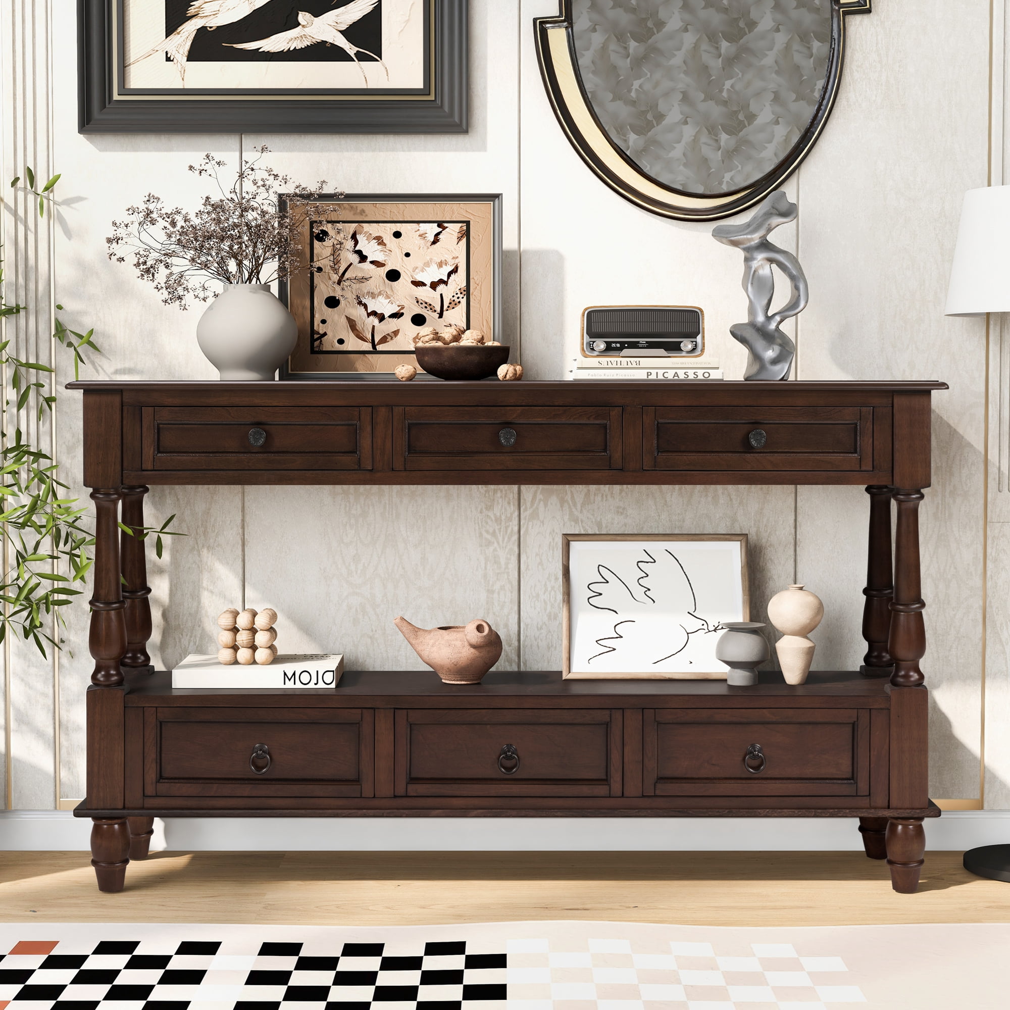 BFJDM 54" Solid Wood Farmhouse Console Table, Espresso with 6 Drawers Storage Shelf for Living Room Hallway