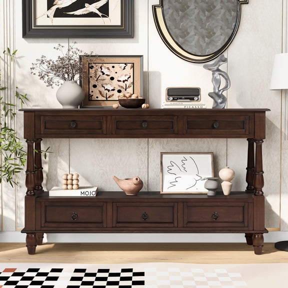 BFJDM 54" Solid Wood Farmhouse Console Table, Espresso with 6 Drawers Storage Shelf for Living Room Hallway