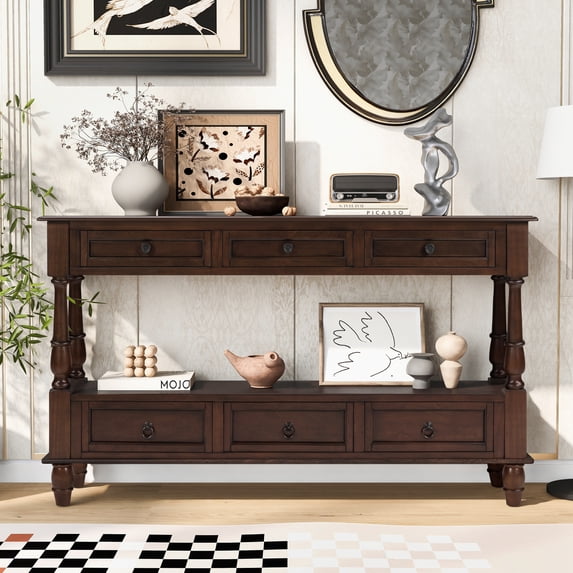 BFJDM 54" Solid Wood Farmhouse Console Table, Espresso with 6 Drawers Storage Shelf for Living Room Hallway