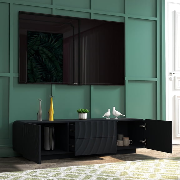 BFJDM 58" Mid-Century Modern TV Stand, Black Storage Console with 2 Drawers & Water Ripple Door Panels for Living Room Kitchen