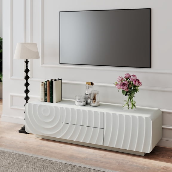 BFJDM TV Stand Credenza Sideboard Mid-Century Water Ripple Door Panels, 2 Doors, 1 Drawer, White, 58 Inch