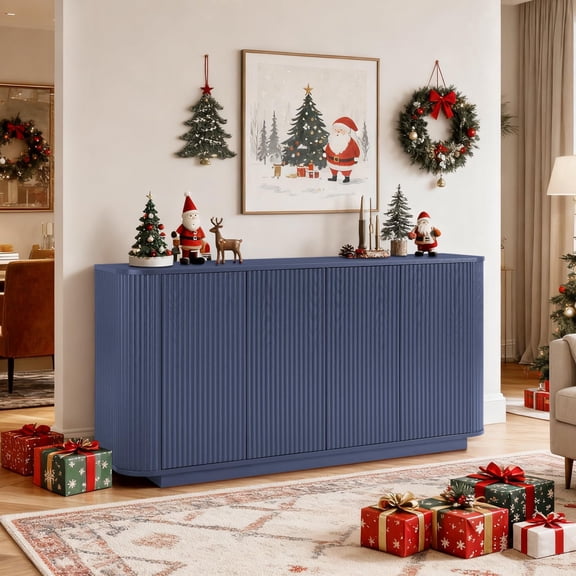 BFJDM 64 inch Blue Fluted Buffet Cabinet Sideboard, Modern Design with 2 Adjustable Shelves for Kitchen Dining Room Living Room