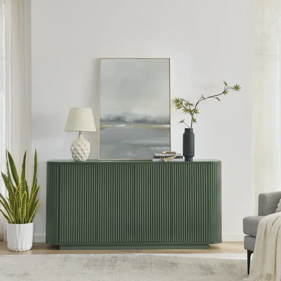 64" Fluted Sideboard Buffet Cabinet with Storage, Modern Green Credenza with Adjustable Shelves, Wood Coffee Bar & Media Console for Dining Room Living Room