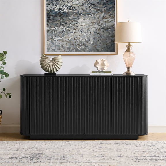 BFJDM 64" Modern Fluted Buffet Cabinet with Storage, Black 31.5" H for Living Room