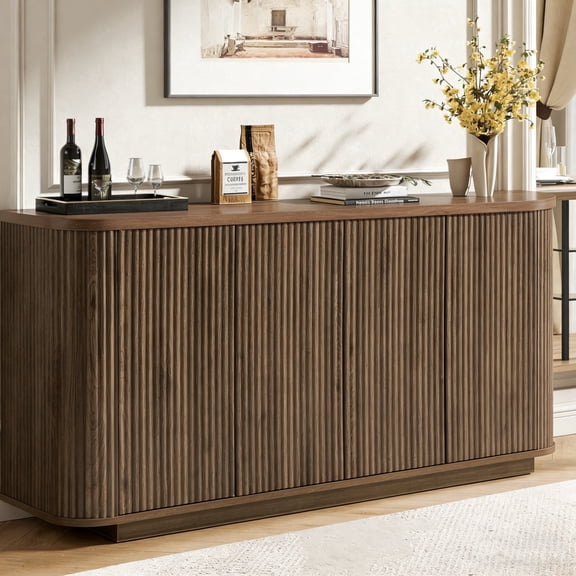 64" Sideboard Buffet Cabinet with Storage, Modern Fluted Accent Credenza with Adjustable Shelves, Wood Media Console Coffee Bar Table for Living Room Kitchen Dining Room, 31.5" H, Walnut