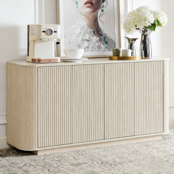 BFJDM Modern Fluted Buffet Sideboard Cabinet, 64 inch, 4 Doors, Adjustable Shelves, Storage Console for Dining Room, Rock Grey